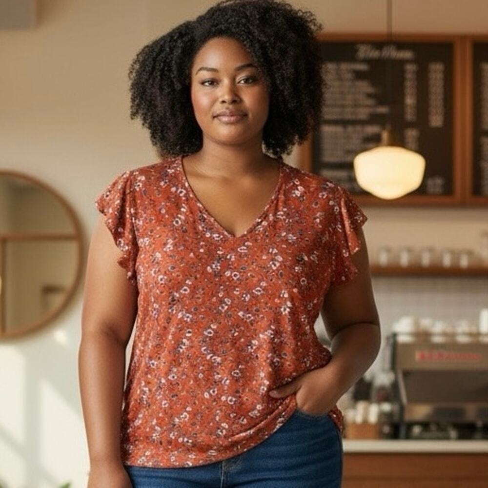 Molly & Isadora Top Plus Size 4X V-Neck Flutter Sleeve Tunic Abstract Floral